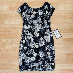 NWT Navy Blue & Silver Sequined Rose Print Sparkly Cocktail Pencil Dress 6